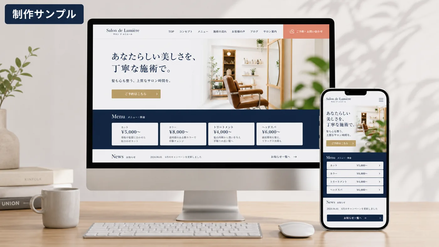 制作サンプル：サロン向けホームページのPC・スマホ表示イメージ