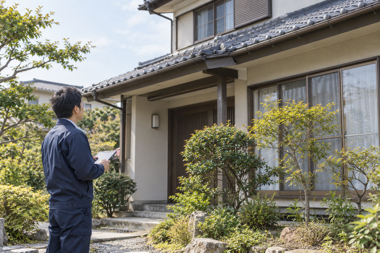 空き家の外観と庭を確認して記録する担当者